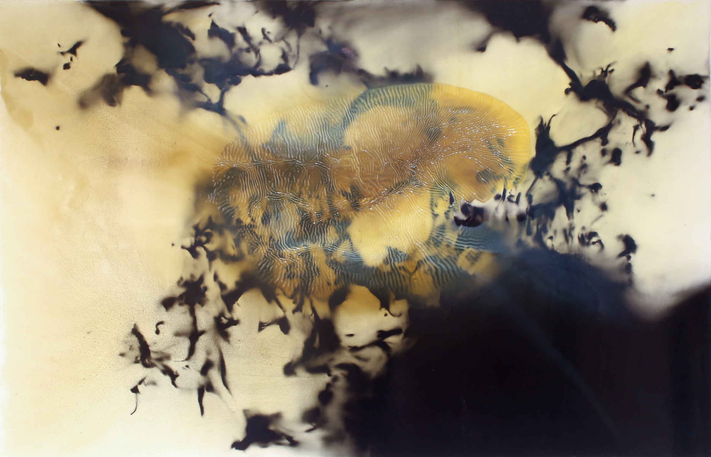 Horizontal abstract painting with dark lower mass and ochre-blue upper field.